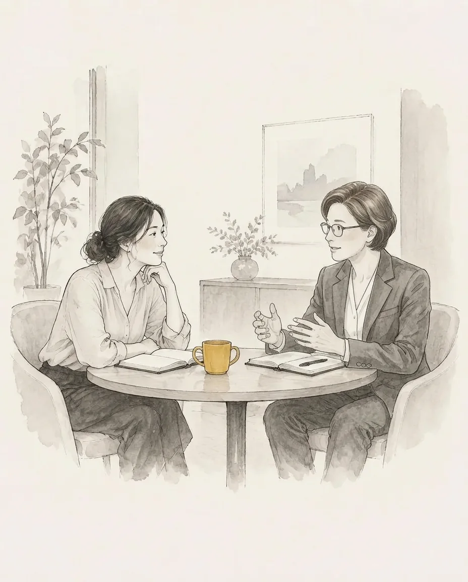 Pen-and-watercolour illustration of two adults in a private consultation with notebooks and a mustard mug