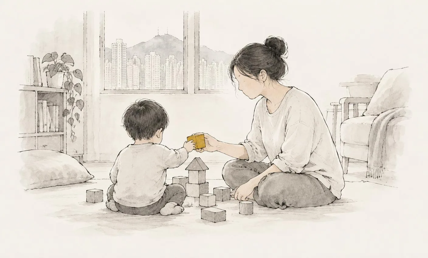 Pen-and-watercolour vignette of a parent and child seen from behind building with blocks, with one mustard block
